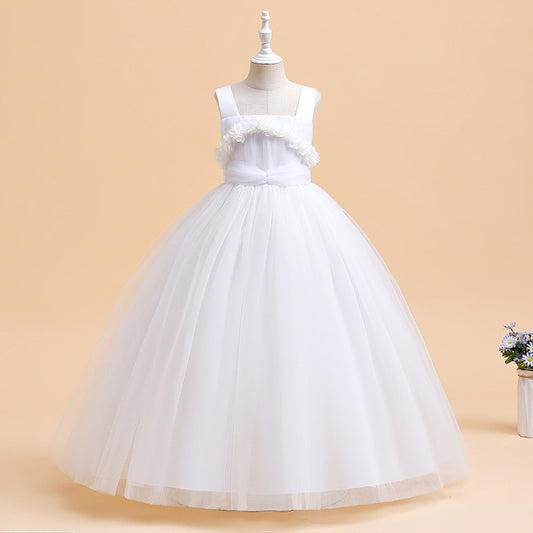 9-10 Years/ Elegant White Flower Trim Princess Dress