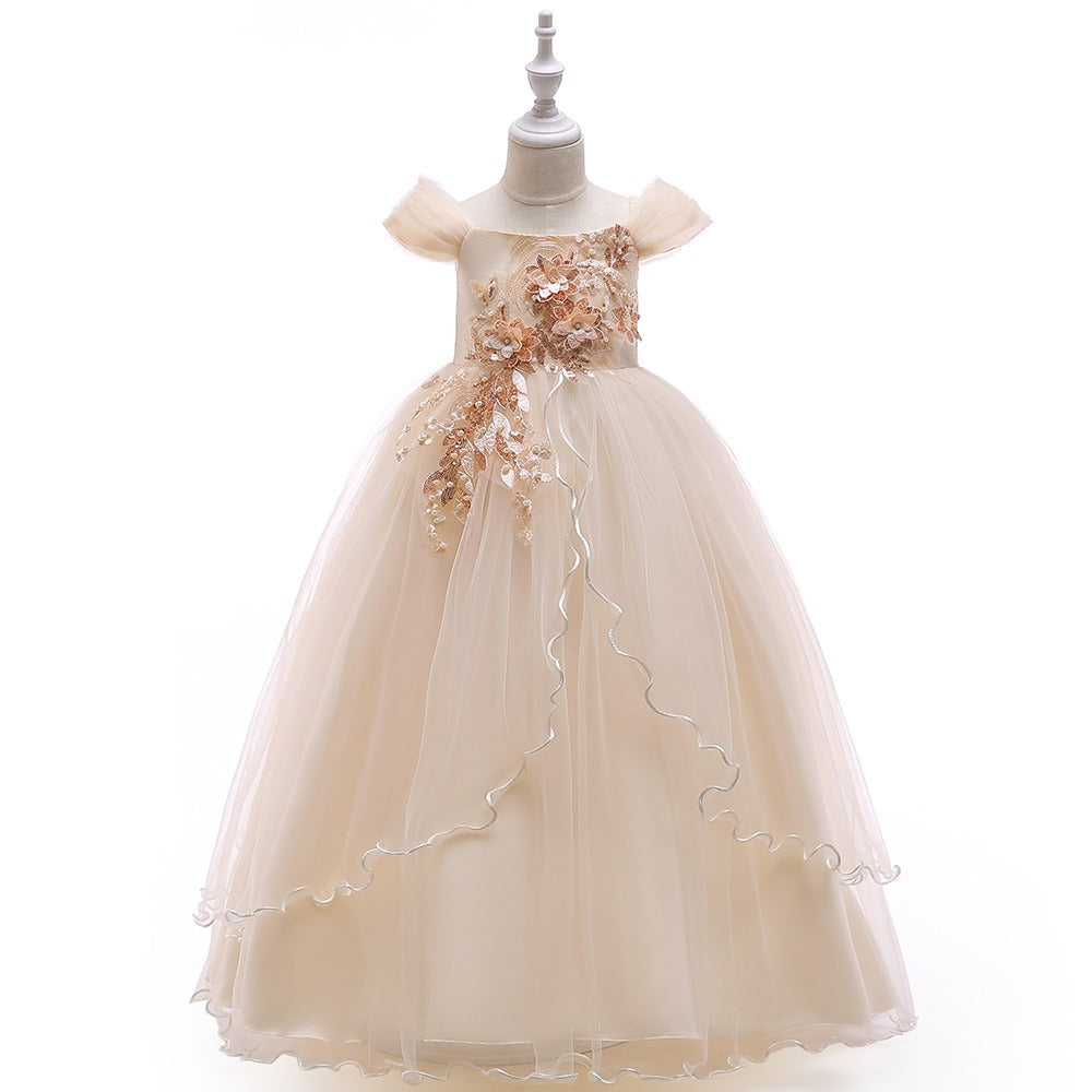 9-10 Years/ Elegant Champagne Floral Appliqué Princess Dress