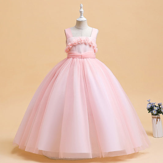 9-10 Years/  Elegant Pink Flower Trim Princess Dress